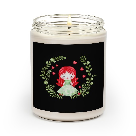 Cute Red Haired Girl Wearing Green Dress Hearts Scented Candles
