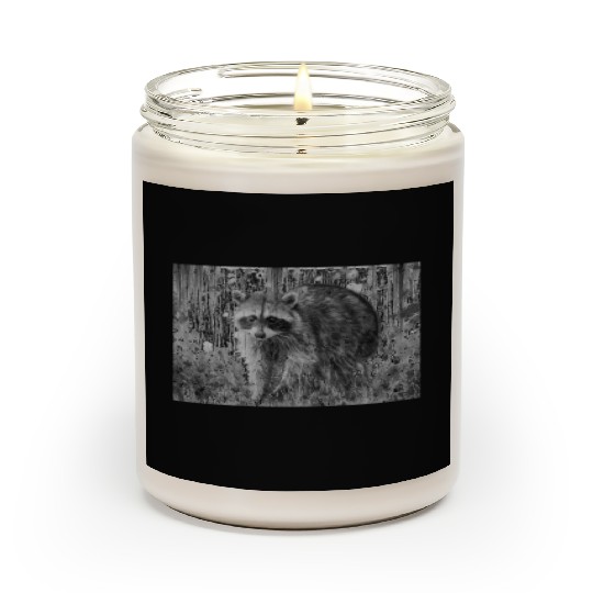 cute racoon walking through wooded forest Scented Candles