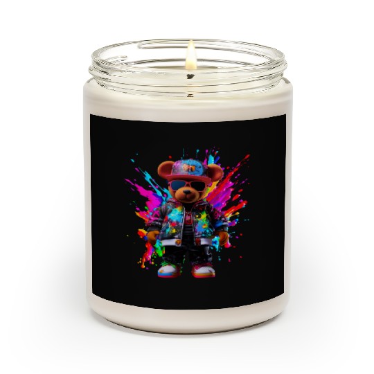 Watercolor Hip Hop Teddy Bear Colorful Splash Art Scented Candles