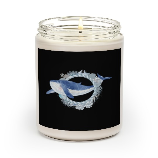 blue whale fish in coral reef in watercolor style Scented Candles
