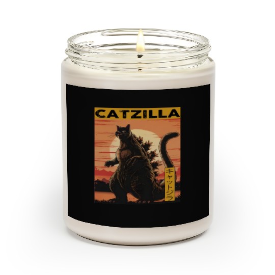 Catzilla Vintage Funny Cute Cat Art Japanese Sunse Scented Candles