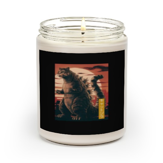Funny Cute Cat Art Japanese Sunset Retro Catzilla Scented Candles