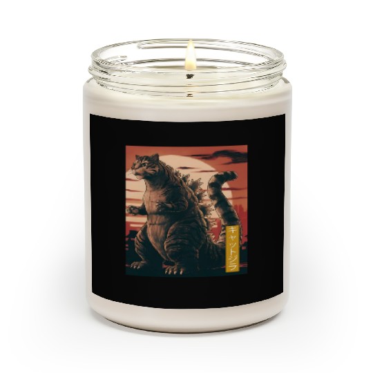 Funny Cute Cat Art Japanese Sunset Retro Catzilla Scented Candles