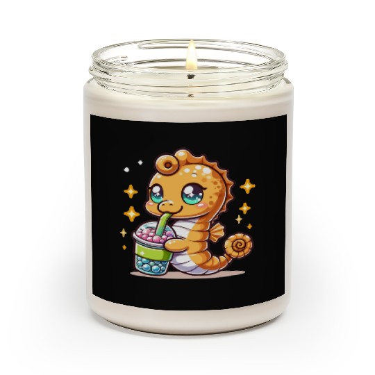 Kawaii Sea Horse Enjoys Bubble Tea Sea Animal Boba Scented Candles