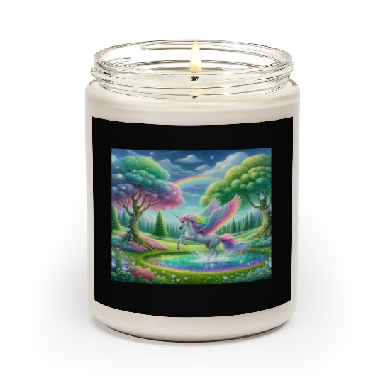 Enchanted Rainbow Unicorn Over Sparkling Pond Scented Candles