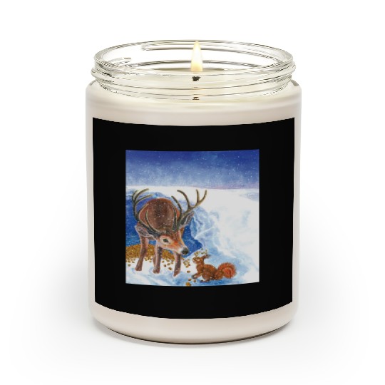 Red Deer and Squirrel in Winter Illustration Scented Candles