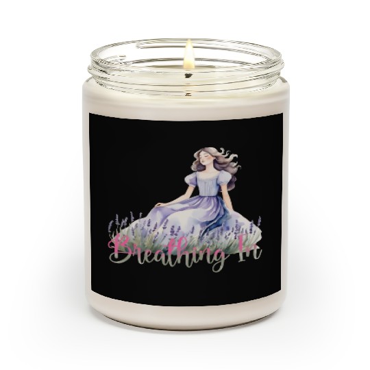 Girl in Lavender Dress Relaxing in Flower Field Scented Candles