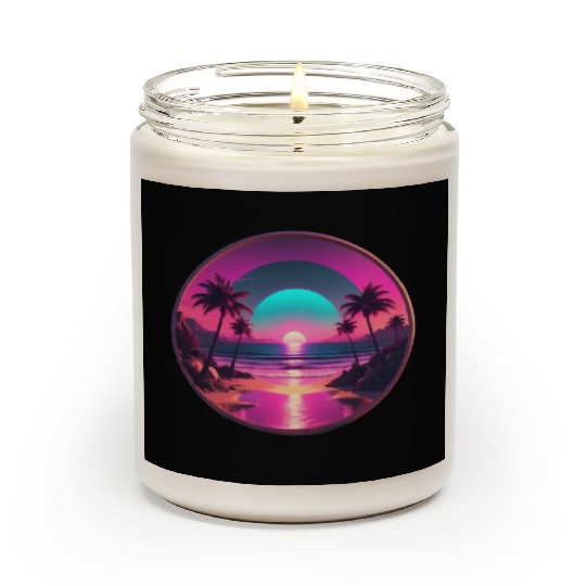 Synthwave Beach Scene with Palm Trees and Sunset Scented Candles