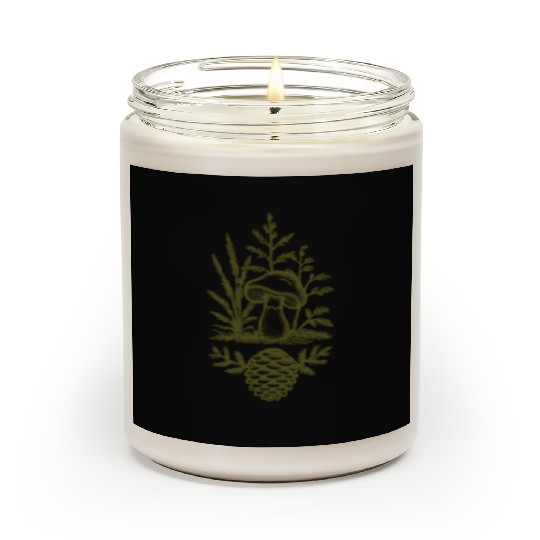 Mushroom and Pine Cone Design Forest Green Scented Candles