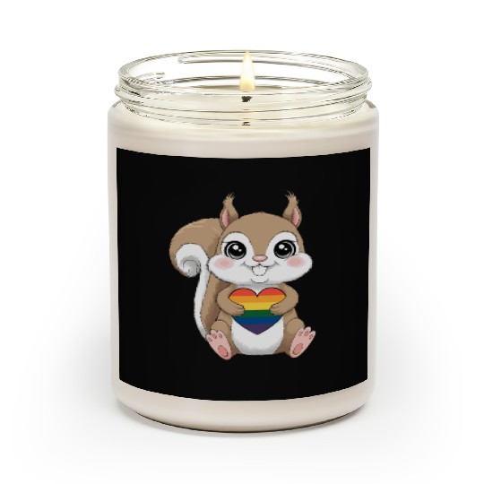 Cute Squirrel Holding Rainbow Heart LGTBQ Love Scented Candles