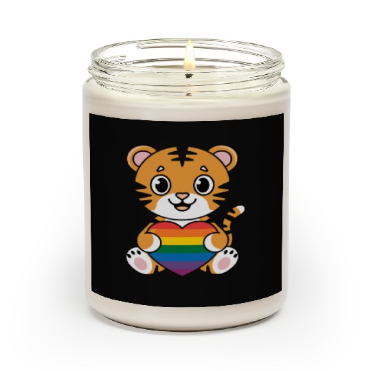 LGTBQ Tiger Holding Rainbow Heart Scented Candles