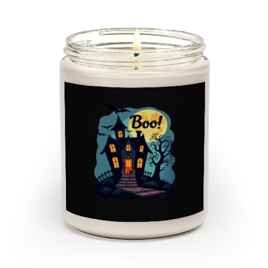 spooky haunted house with a black cat sitting Scented Candles