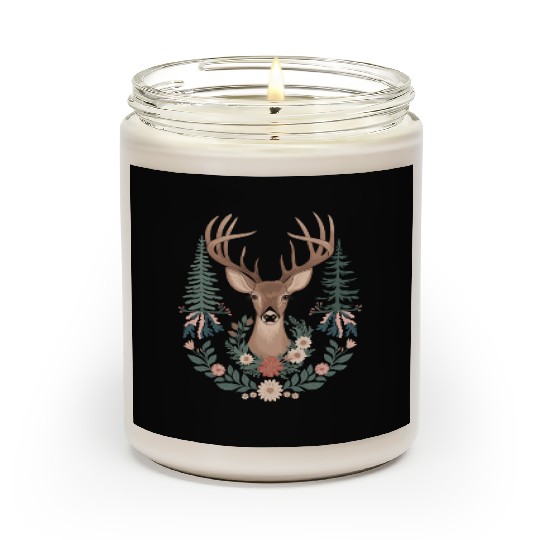 Cottagecore Deer with Floral Wreath and Evergreen Scented Candles