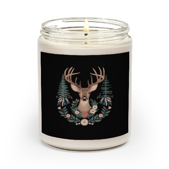 Cottagecore Deer with Floral Wreath and Evergreen Scented Candles