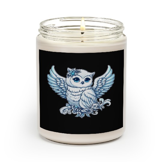 Cute snowy owl blue eyes angel wings cartoon Scented Candles