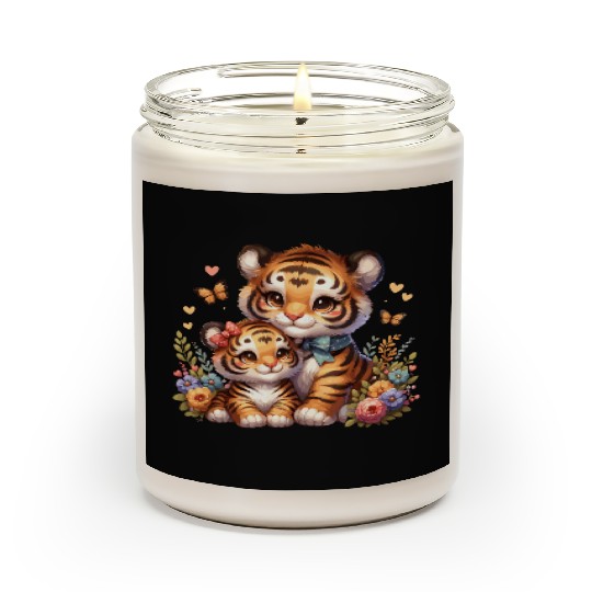 Adorable Tiger Cubs Surrounded by Butterflies and Scented Candles