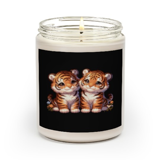 Adorable Twin Tiger Cubs Illustration with Flowers Scented Candles