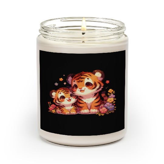 Adorable Tiger Cubs Surrounded By Flowers Scented Candles