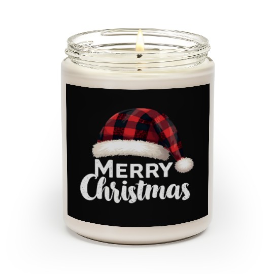 Merry Christmas Buffalo Plaid Red Santa Hat Xmas Scented Candles