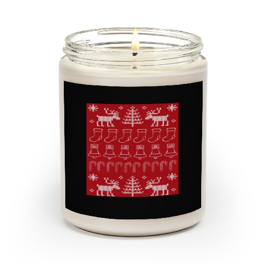 Ugly Christmas Sweater Pattern on Red Background Scented Candles