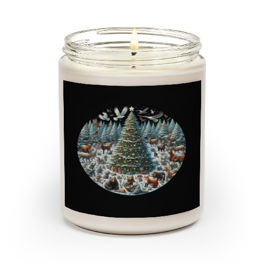 Snow-Dusted Christmas Tree with Woodland Animals Scented Candles