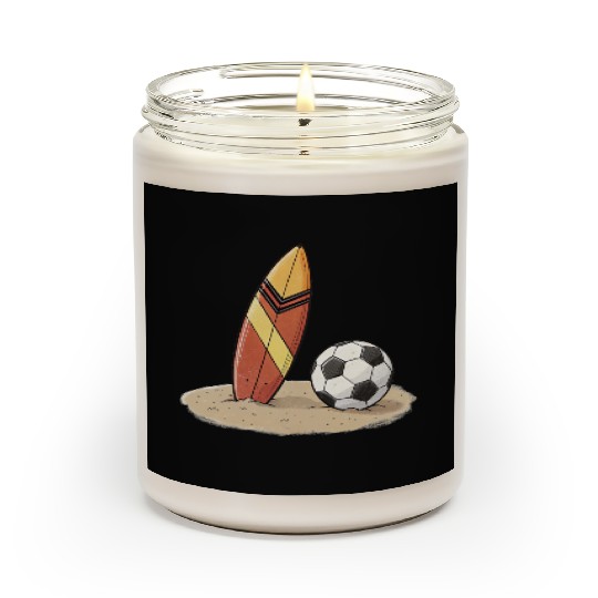 Surfboard and soccer ball in the sand Scented Candles