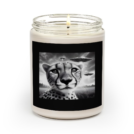 Cheetah Funny Graphic Selfie with UFOs Weird Alien Scented Candles