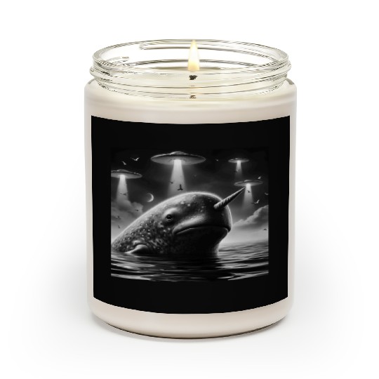 Narwhal Funny Graphic Selfie with UFOs Weird Alien Scented Candles