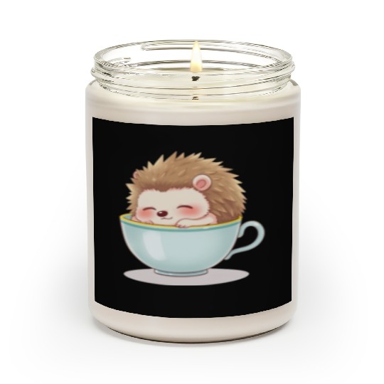 Cute hedgehog relaxing in a light blue cup Scented Candles