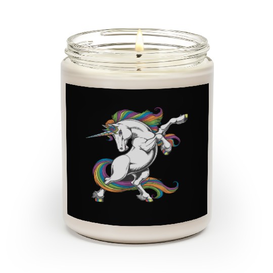 Majestic Rainbow Unicorn Prancing with Vibrant Scented Candles