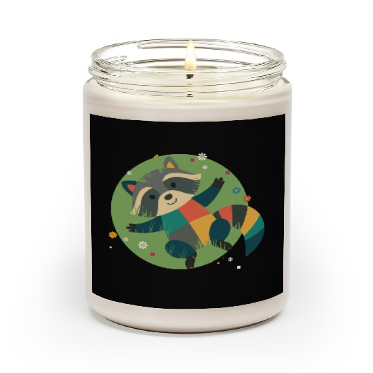 colorful raccoon lies relaxed in the green grass Scented Candles