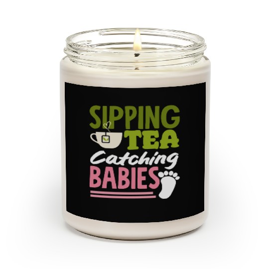 Midwife Sipping Tea Catching Babies Scented Candles