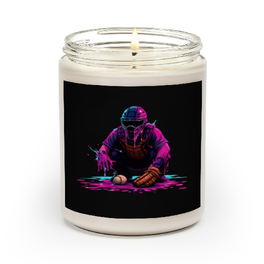 Neon Baseball Catcher Art Cool Vaporwave Sports Scented Candles