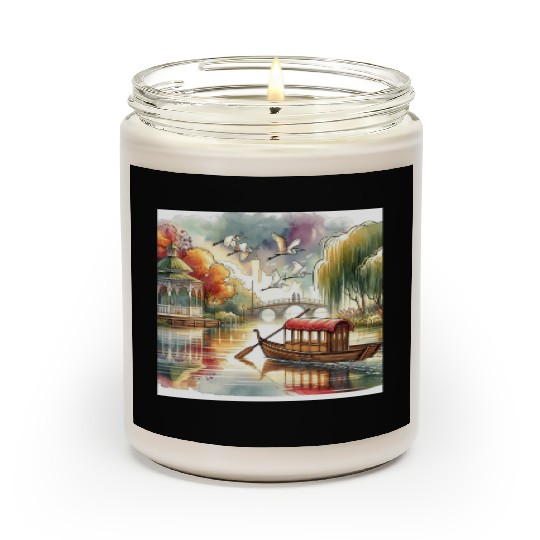 Serene Autumn Lake Scene with Swans and Bridge Scented Candles