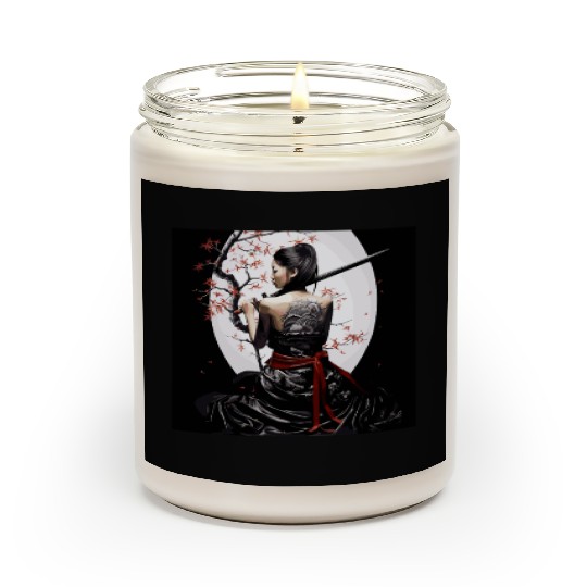 Samurai Serenity: Woman with Sword Under Cherry Scented Candles