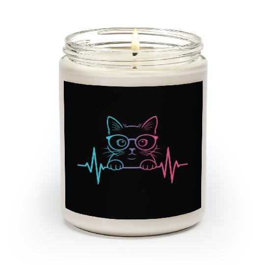 Cool Neon Cat with Glasses and Heartbeat Line Scented Candles