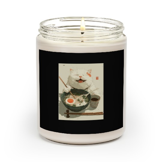 Happy White Cat Eating Ramen Scented Candles