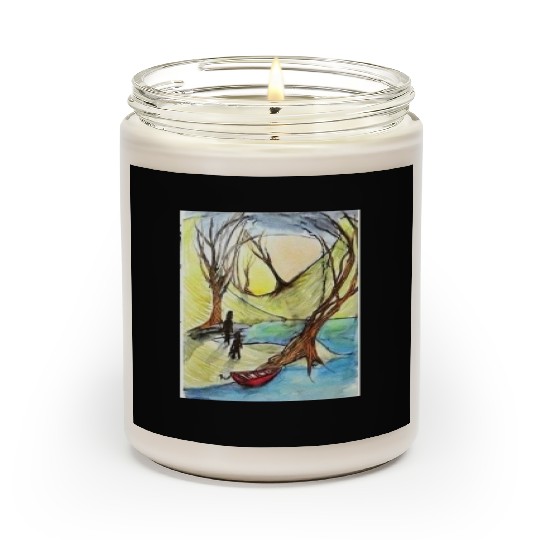 Serene Autumn River Scene Illustration Scented Candles