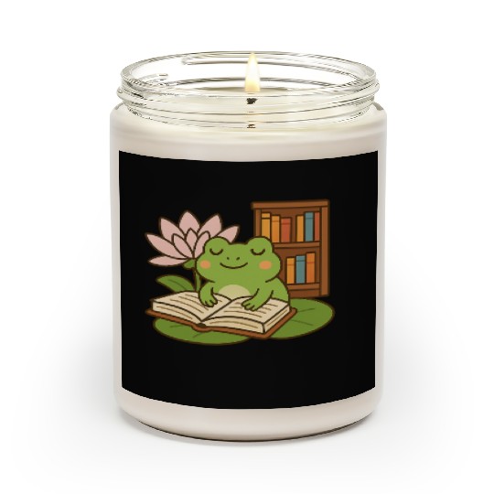 Serene Frog Reading Book Under Lotus Scented Candles