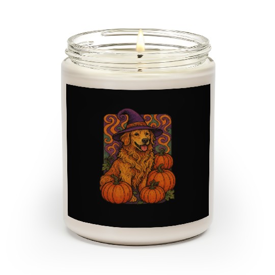Halloween Wizard Golden Retriever with Pumpkins Scented Candles