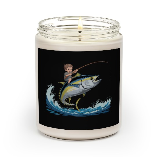 Joyful young boy rides massive jumping tuna Scented Candles