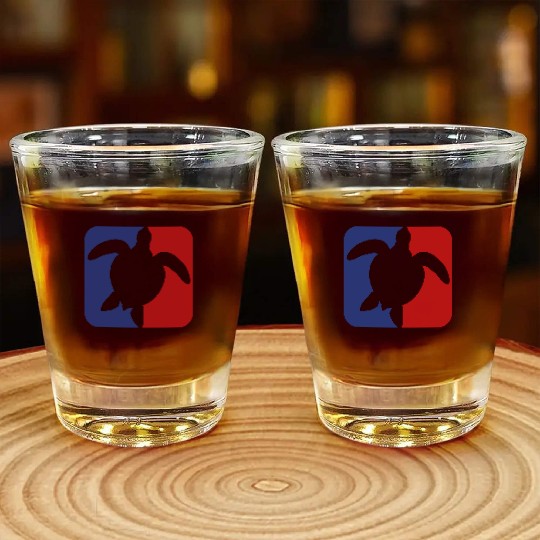 red blue square button sea turtle silhouette outli Shot Glasses
