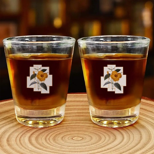 Yellow Hibiscus Flower With Golden Rectangle Shot Glasses