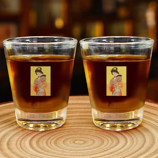 Geisha in Kimono with Cat Retro art Shot Glasses