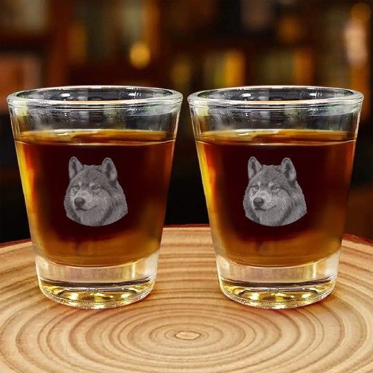 Realistic Black And White Male Wolf Portrait Wolf Shot Glasses