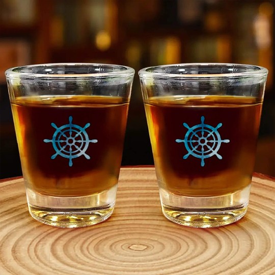 Ship Wheel blue watercolor Shot Glasses