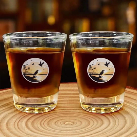 the beach sunset birds Shot Glasses