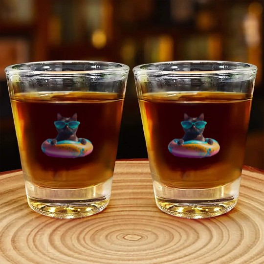 Black Cat Wearing Sunglasses in Float Shot Glasses
