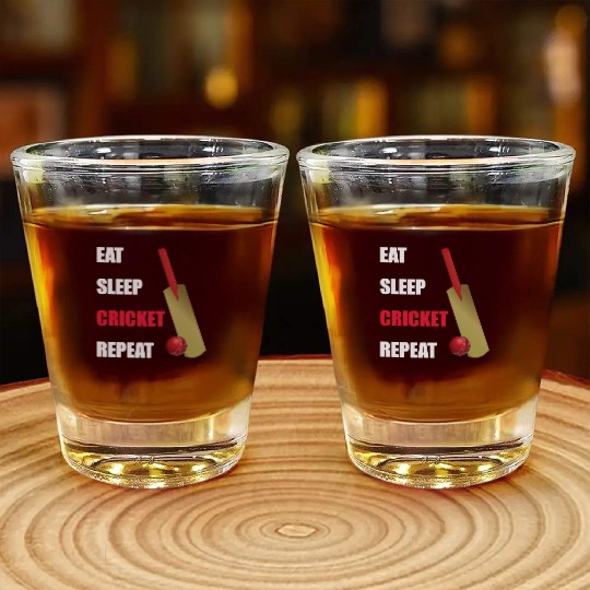 Eat Sleep Cricket Repeat Red and White Text Shot Glasses