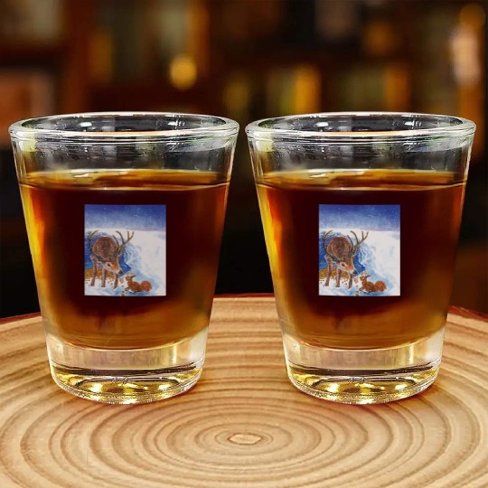 Red Deer and Squirrel in Winter Illustration Shot Glasses